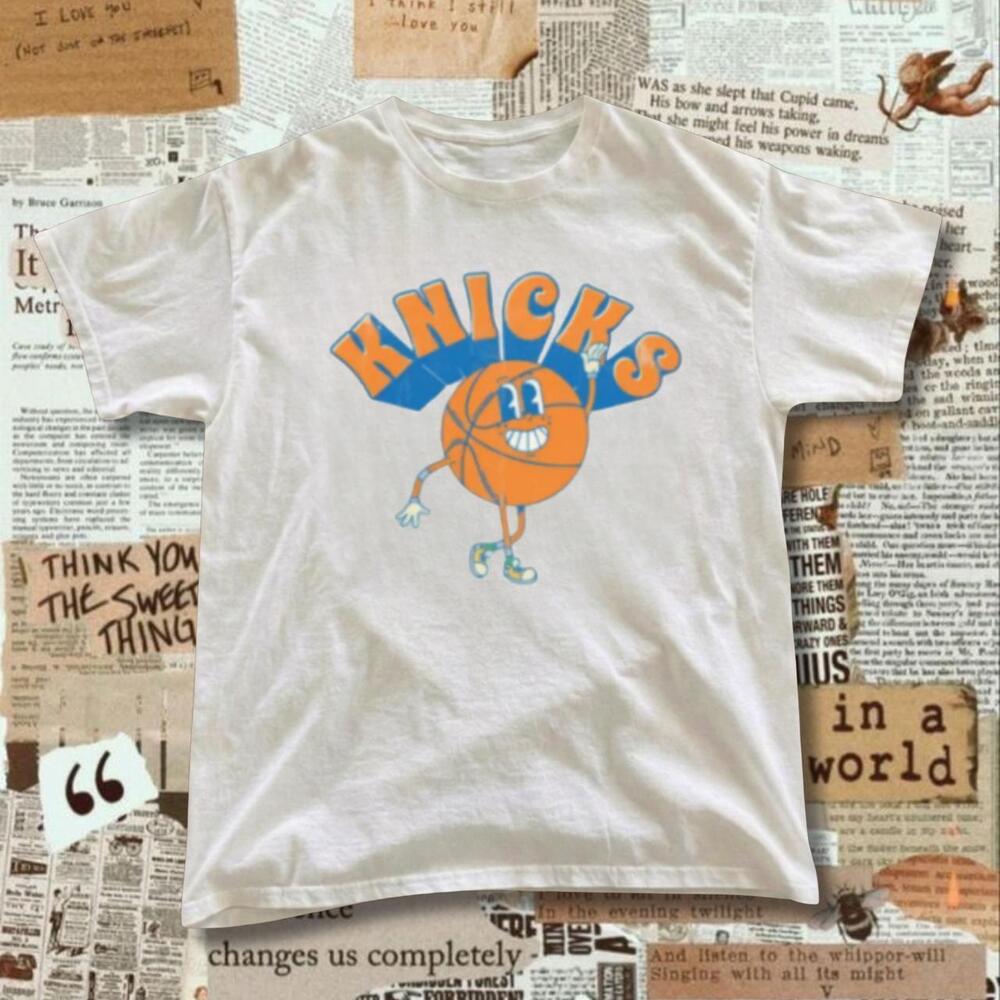 York Knicks White Cotton T-Shirt With Orange Basketball Character